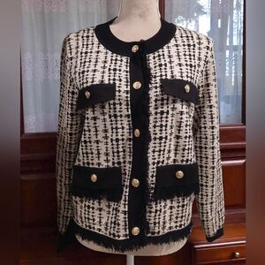 Cyrus Black Cream Gold Button Fringe Cardigan Sweater Womans Large